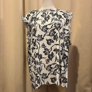 Notations Black and White Floral Ruffle Blouse